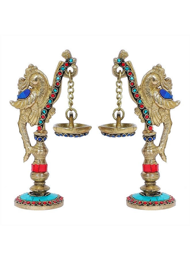 Two Moustaches Gemstone Work Peacock on Pillar Design Brass Diya Pair , Brass Diyas for Home/Temple , Diyas for Home Decor , Brass Oil Lamp ,Gifts for Housewarming , Multicolored, Standard, Pack of 2 - Image 2