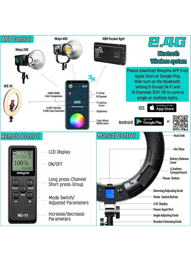 Weeylite 18 inch RGB Ring Light Kit, App Control 360° Full Color LED Selfie Ring Light with Stand and Phone Holder/Remote, Dimmable Bi-Color 2500K–8500K CRI 95+ Ring Lights for TikTok YouTube Makeup - Image 3