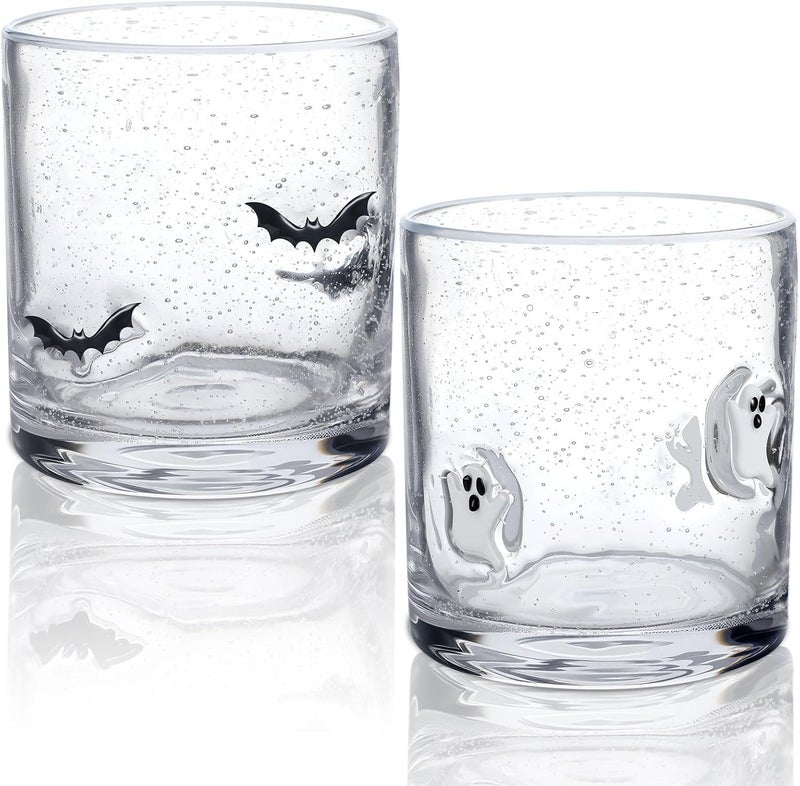 Mimorou 2 Pcs Halloween Icon Juice Glass 14 Ounce Ghost Bat Themed Drinking Cocktails Glasses for Party, Spooky Cute Double Old Fashioned Reusable Cups for Home Bar Decor Lovely Gifts - Image 1