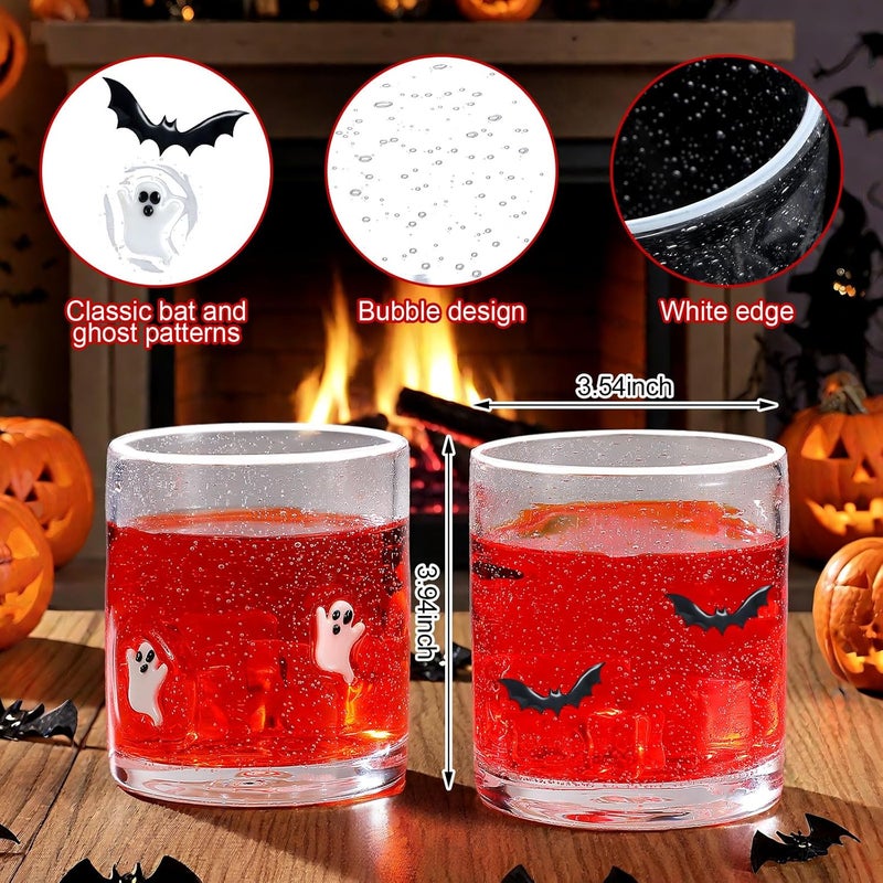 Mimorou 2 Pcs Halloween Icon Juice Glass 14 Ounce Ghost Bat Themed Drinking Cocktails Glasses for Party, Spooky Cute Double Old Fashioned Reusable Cups for Home Bar Decor Lovely Gifts - Image 3
