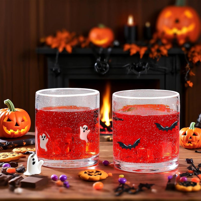 Mimorou 2 Pcs Halloween Icon Juice Glass 14 Ounce Ghost Bat Themed Drinking Cocktails Glasses for Party, Spooky Cute Double Old Fashioned Reusable Cups for Home Bar Decor Lovely Gifts - Image 5