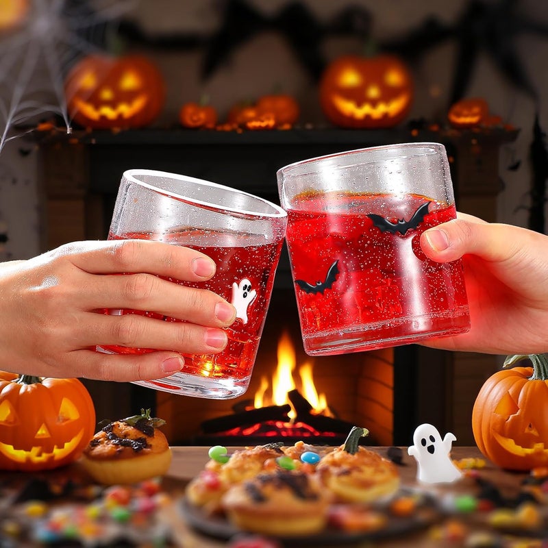 Mimorou 2 Pcs Halloween Icon Juice Glass 14 Ounce Ghost Bat Themed Drinking Cocktails Glasses for Party, Spooky Cute Double Old Fashioned Reusable Cups for Home Bar Decor Lovely Gifts - Image 2