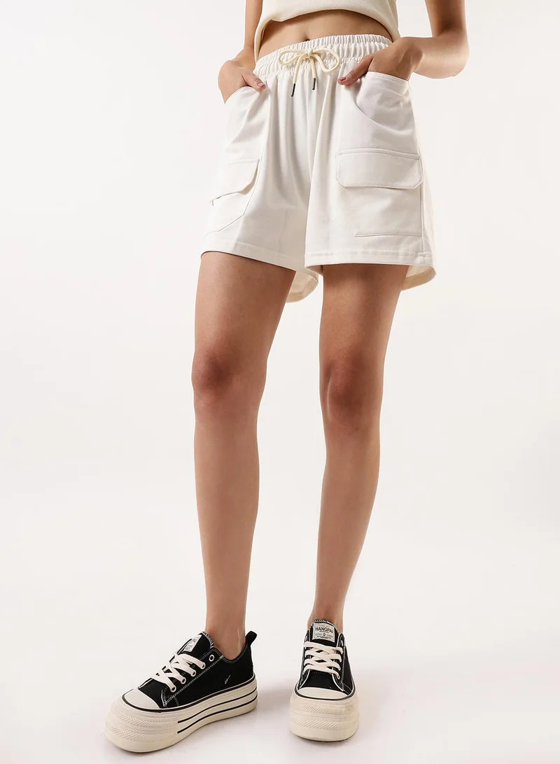 Dennis Lingo Women's Off White Cotton Blend Solid Cropped Athleisure Relaxed Athleisure Shorts