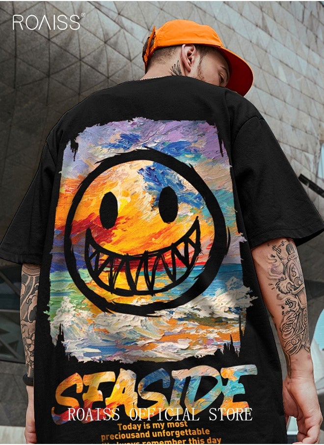 roaiss - 2Pcs Men's T-shirt Loose Version Trendy All-Match Pattern Printing Short Sleeves - Image 1