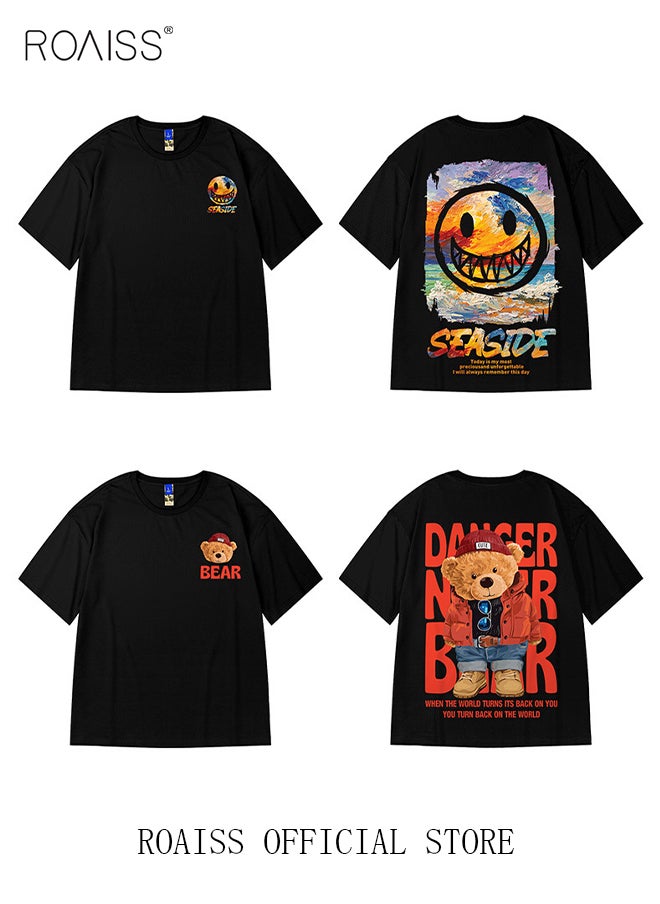 roaiss - 2Pcs Men's T-shirt Loose Version Trendy All-Match Pattern Printing Short Sleeves - Image 1