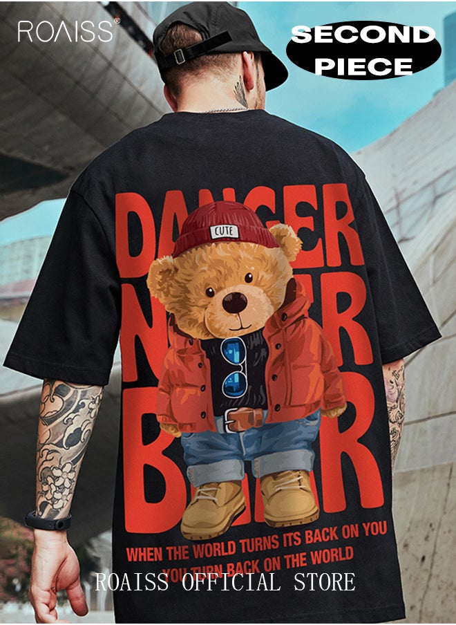 roaiss - 2Pcs Men's T-shirt Loose Version Trendy All-Match Pattern Printing Short Sleeves - Image 1