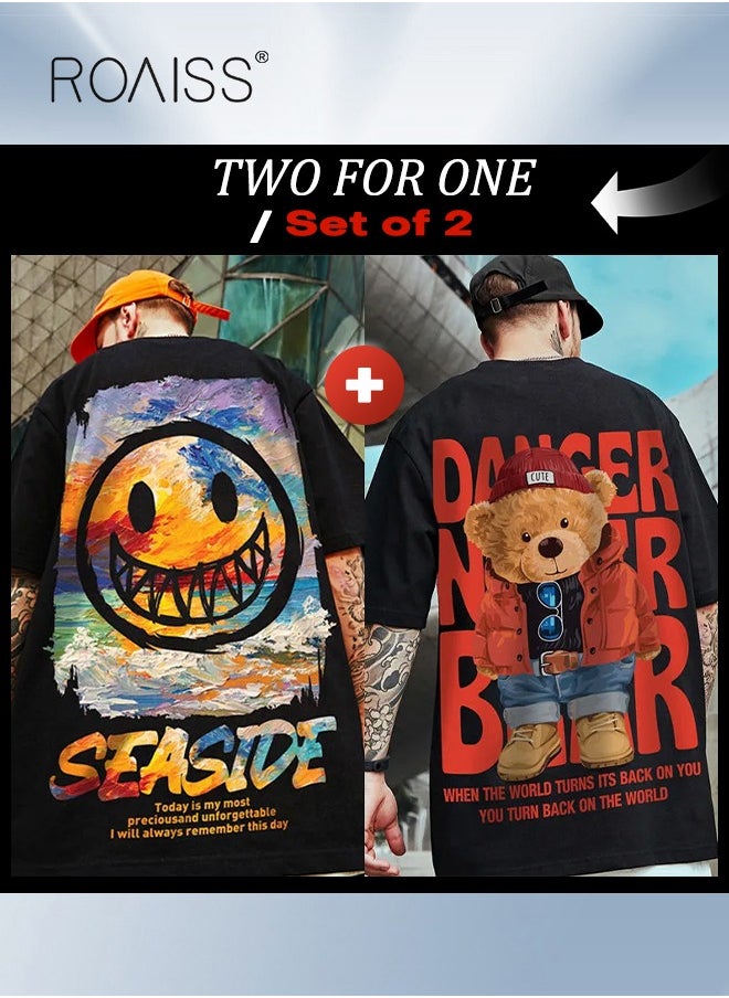 roaiss - 2Pcs Men's T-shirt Loose Version Trendy All-Match Pattern Printing Short Sleeves - Image 1