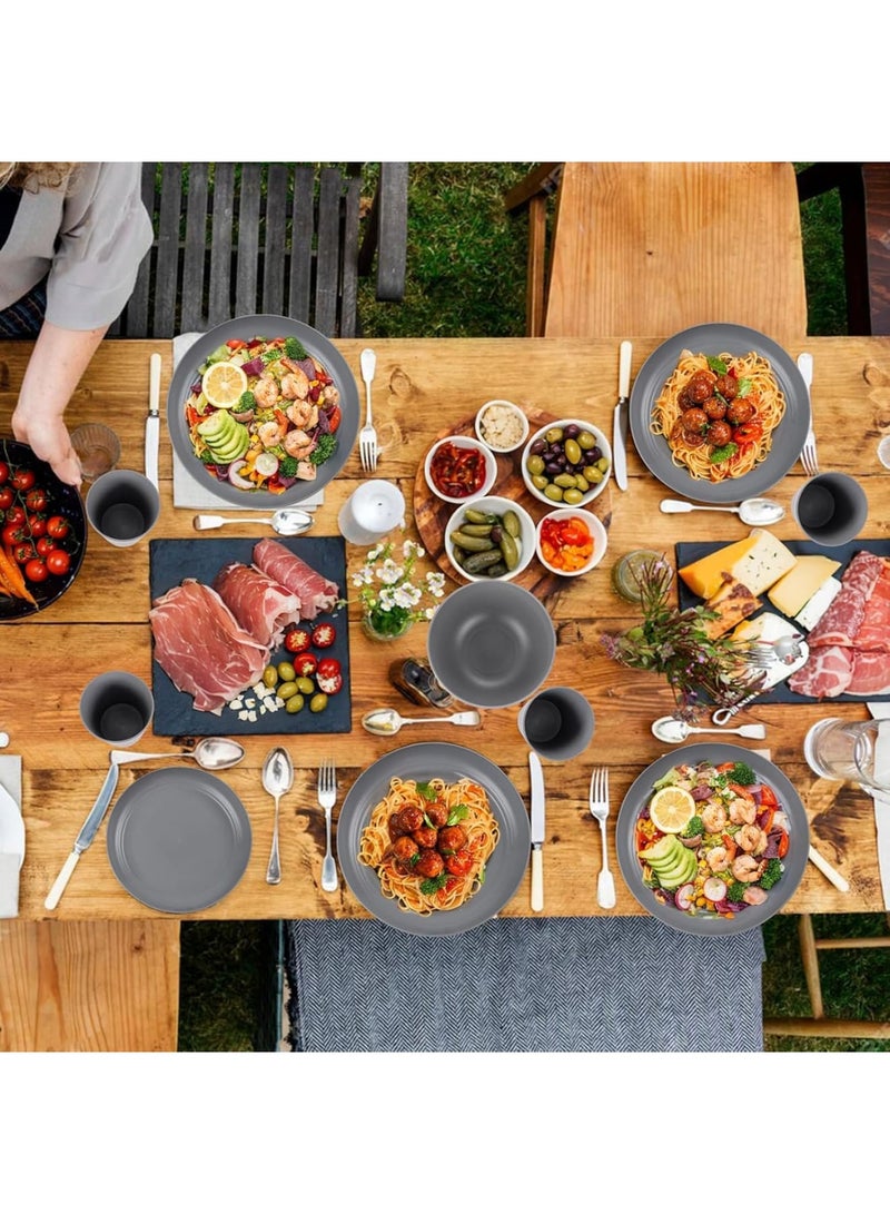 SYOSI طقم أدوات المائدة من قش القمح، أطباق وأوعية وأكواب غير قابلة للكسر، أدوات مائدة خفيفة الوزن قابلة لإعادة الاستخدام، آمنة للاستخدام في الميكروويف وغسالة الصحون، خدمة لـ 6 أشخاص، 12 طبق 6 أوعية 6 أكواب، رمادي داكن - Image 4