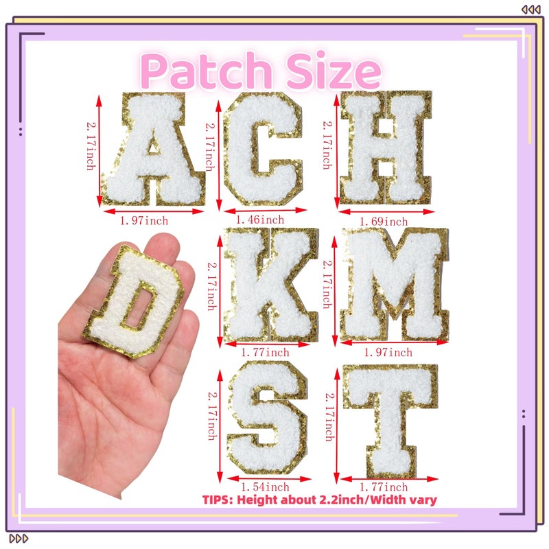 Y.TAO 52PCS White Chenille Letter Patches with Gold Trim - Varsity Style Self Adhesive Appliques for Jackets, Hats, Denim, Backpacks, DIY Fabric Stickers - Image 2