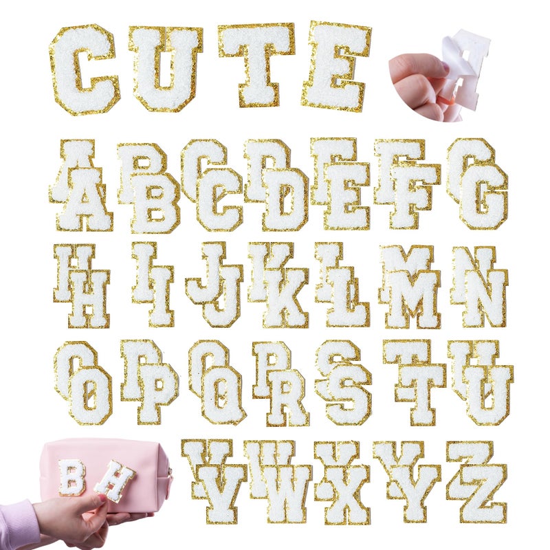 Y.TAO 52PCS White Chenille Letter Patches with Gold Trim - Varsity Style Self Adhesive Appliques for Jackets, Hats, Denim, Backpacks, DIY Fabric Stickers - Image 1