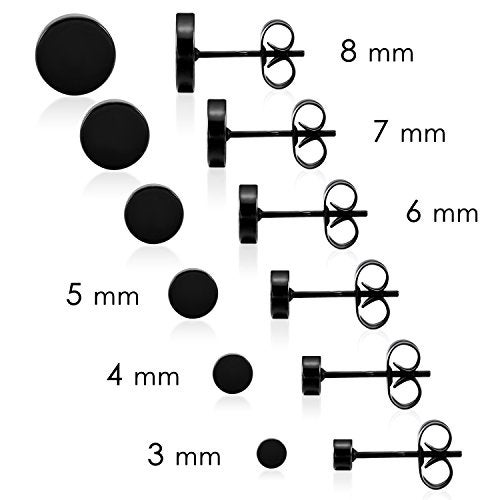 LIEBLICH Black Round Stud Earrings Set Stainless Steel Ear Studs for Men Women 6 Pairs 3mm-8mm … (Black) - Image 3