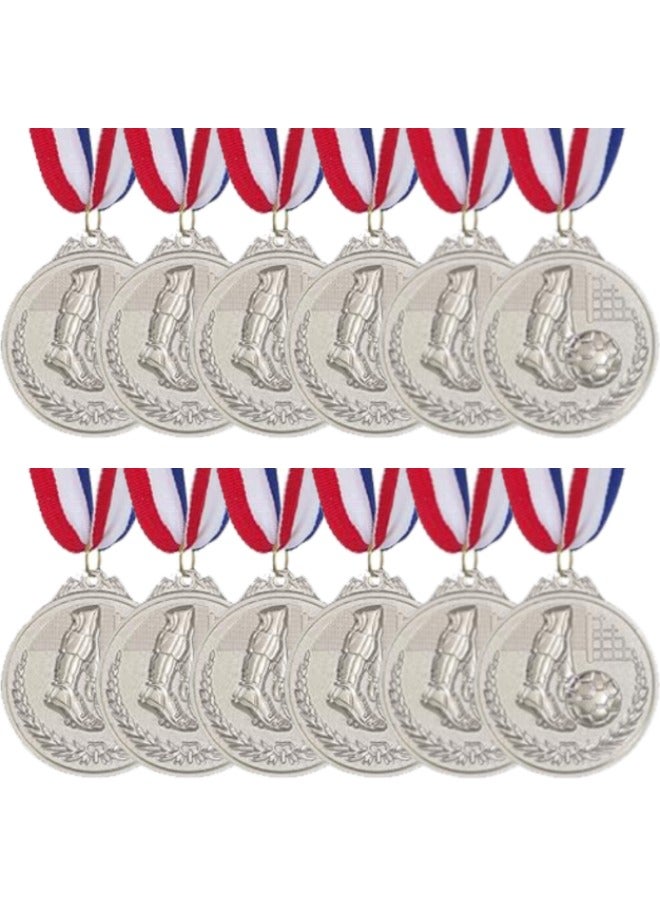 12 Pack Metal Soccer Medals with Ribbons, Silver Award Medals Winner Medals, Football Medals for Soccer Team Gifts, Soccer Games Party Favors Prizes for Children Adults, 2 Inches  - Image 1