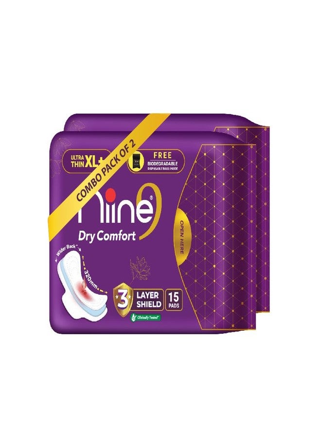 Niine Dry Comfort Ultra Thin XL+ Sanitary Pads for Women | 30 Pads, Pack of 2| 320mm Long|Suitable for Heavy Flow|Faster Absorption |Prevents Wetness & Leakage |With Free Biodegradable Disposable Bags - Image 1