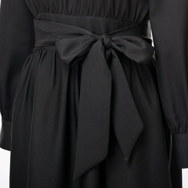 CAMDOM Church Clergy Dress for Women Long Sleeve A Line Elegant Maxi Dress with Tab Insert Stand Collar and Belt Black - Image 2
