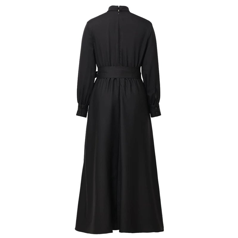 CAMDOM Church Clergy Dress for Women Long Sleeve A Line Elegant Maxi Dress with Tab Insert Stand Collar and Belt Black - Image 5
