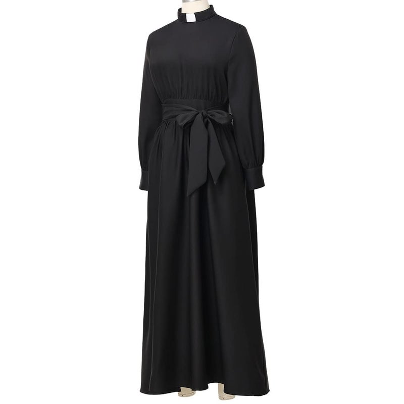 CAMDOM Church Clergy Dress for Women Long Sleeve A Line Elegant Maxi Dress with Tab Insert Stand Collar and Belt Black - Image 4