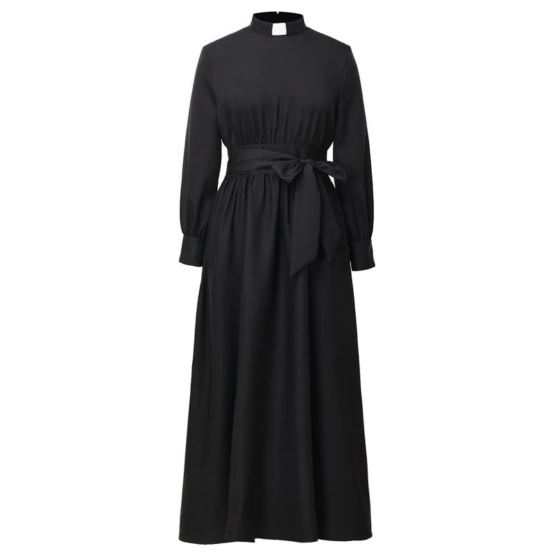 CAMDOM Church Clergy Dress for Women Long Sleeve A Line Elegant Maxi Dress with Tab Insert Stand Collar and Belt Black - Image 1