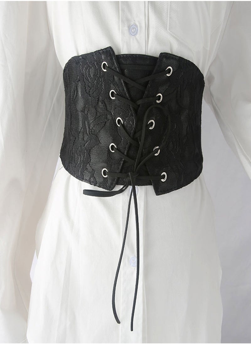Excefore - Black Corset Belt for Women Vintage Lace Tied Waspie Corset Belt  Elastic Waist Decoration for Dress Skirt Shirt Holiday Out Door Party Versatile Dress Belt Curve Women Shaper Training (M) - Image 1