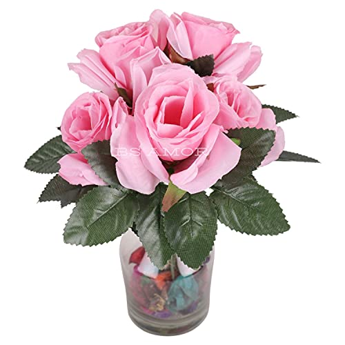 BS AMOR Fancy Vintage Artificial Rose Silk Flowers Bouquet +Glass Vase Potpurri Home Wedding Decoration 'Living Room' Dining Table Decor Vase Filler Peony Bunch Vibrant Colors(Multicolor) (Baby Pink) - Image 3