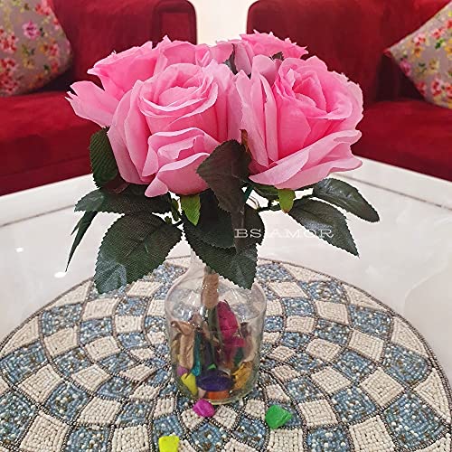 BS AMOR Fancy Vintage Artificial Rose Silk Flowers Bouquet +Glass Vase Potpurri Home Wedding Decoration 'Living Room' Dining Table Decor Vase Filler Peony Bunch Vibrant Colors(Multicolor) (Baby Pink) - Image 2