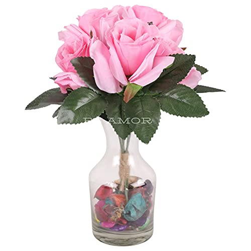 BS AMOR Fancy Vintage Artificial Rose Silk Flowers Bouquet +Glass Vase Potpurri Home Wedding Decoration 'Living Room' Dining Table Decor Vase Filler Peony Bunch Vibrant Colors(Multicolor) (Baby Pink) - Image 1