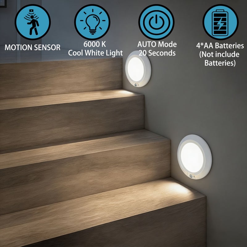 6.3 Inch LED Motion Sensor Light 6000K Cool White 210 Lumens 16 Foot Detection Range 120 Degree Wide Angle Auto On Off For Bedroom Hallway Stairs Bathroom Requires 4 AA Batteries Not Included White 1 Pack - Image 1
