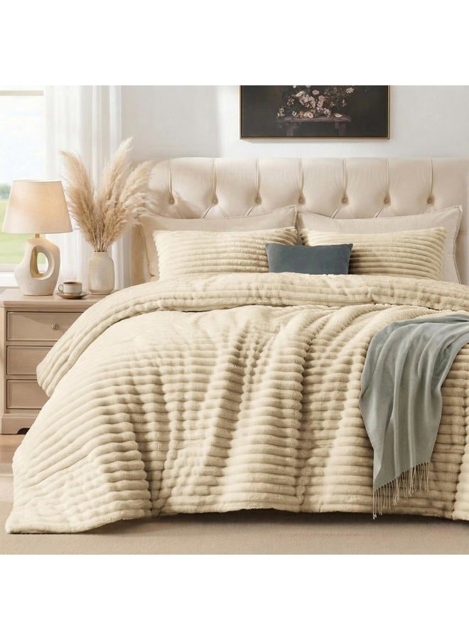 Quataly Fluffy Queen Comforter Set 3 Pieces - Soft & Fuzzy Linen Comforters Queen Size for Winter Fleece Bedding Set,1 Luxury Down Alternative Comforter with 2 Pillow Shams - Image 1