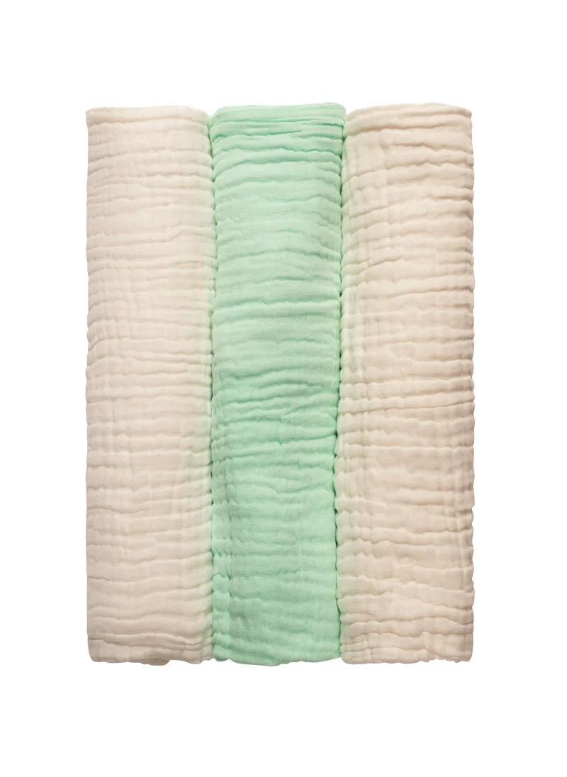 Anvi Baby Set of 3- Organic 6 layered Muslin Bath Towel- Green/White/White