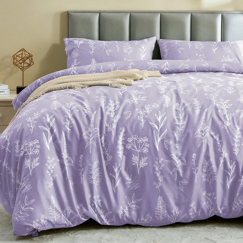 MUXHOMO Duvet Cover Queen Size, Reversible Floral Lavender Duvet Cover Set with Zipper Closure, 3 Pieces Botanical Patterns Soft Microfiber Bedding Set with 4 Ties (90"x90", 2 Pillow Cases) - Image 1
