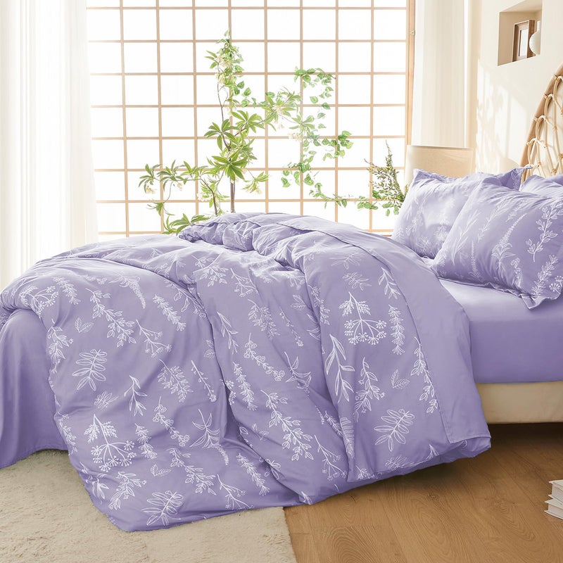 MUXHOMO Duvet Cover Queen Size, Reversible Floral Lavender Duvet Cover Set with Zipper Closure, 3 Pieces Botanical Patterns Soft Microfiber Bedding Set with 4 Ties (90"x90", 2 Pillow Cases) - Image 2