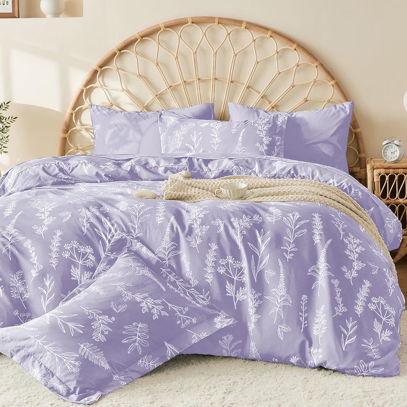 MUXHOMO Duvet Cover Queen Size, Reversible Floral Lavender Duvet Cover Set with Zipper Closure, 3 Pieces Botanical Patterns Soft Microfiber Bedding Set with 4 Ties (90"x90", 2 Pillow Cases) - Image 3