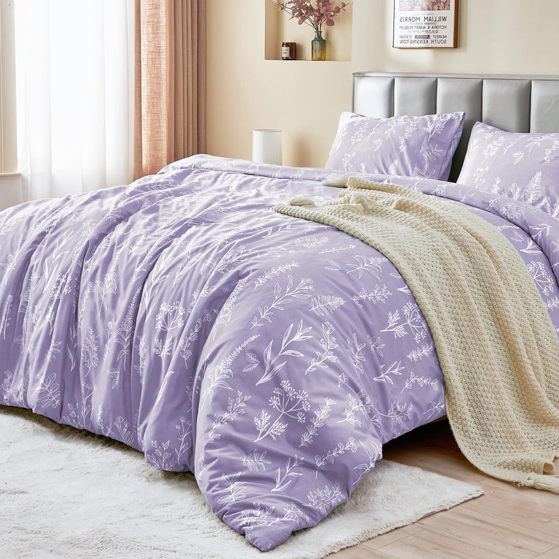 MUXHOMO Duvet Cover Queen Size, Reversible Floral Lavender Duvet Cover Set with Zipper Closure, 3 Pieces Botanical Patterns Soft Microfiber Bedding Set with 4 Ties (90"x90", 2 Pillow Cases) - Image 4