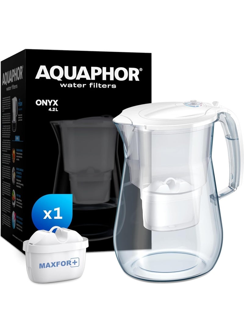 Aquaphor AQUAPHOR Onyx Water Filter Jug 4.2L White | Includes 1x MAXFOR+ Filter | Reduces Limescale & Chlorine | Glass-Effect Design | BPA-Free | Premium Family Water Filter Carafe  - Image 1
