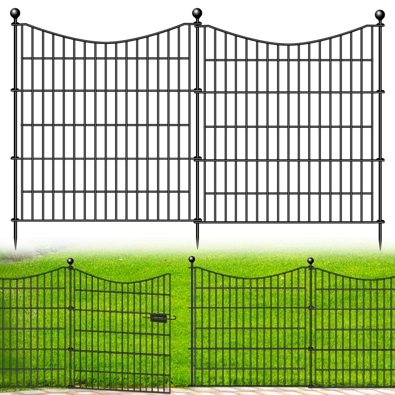 5 ألواح سياج حديقة زخرفية مع بوابة 32 بوصة ارتفاع × 12 قدم طول سياج كلاب بدون حفر حاجز حيوانات خارجي للفناء حواف وحدود حديقة معدنية مقاومة للصدأ وأوتاد سياج مؤقتة