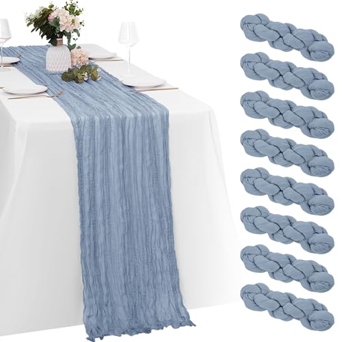 Yorcari 8 Pack Dusty Blue Cheesecloth Table Runners 20x120 Inch Gauze Table Runner Cheese Cloth 10FT Blue Table Runner Rustic Sheer Runner for Wedding Baby Shower Birthday Party Table Decor - Image 1