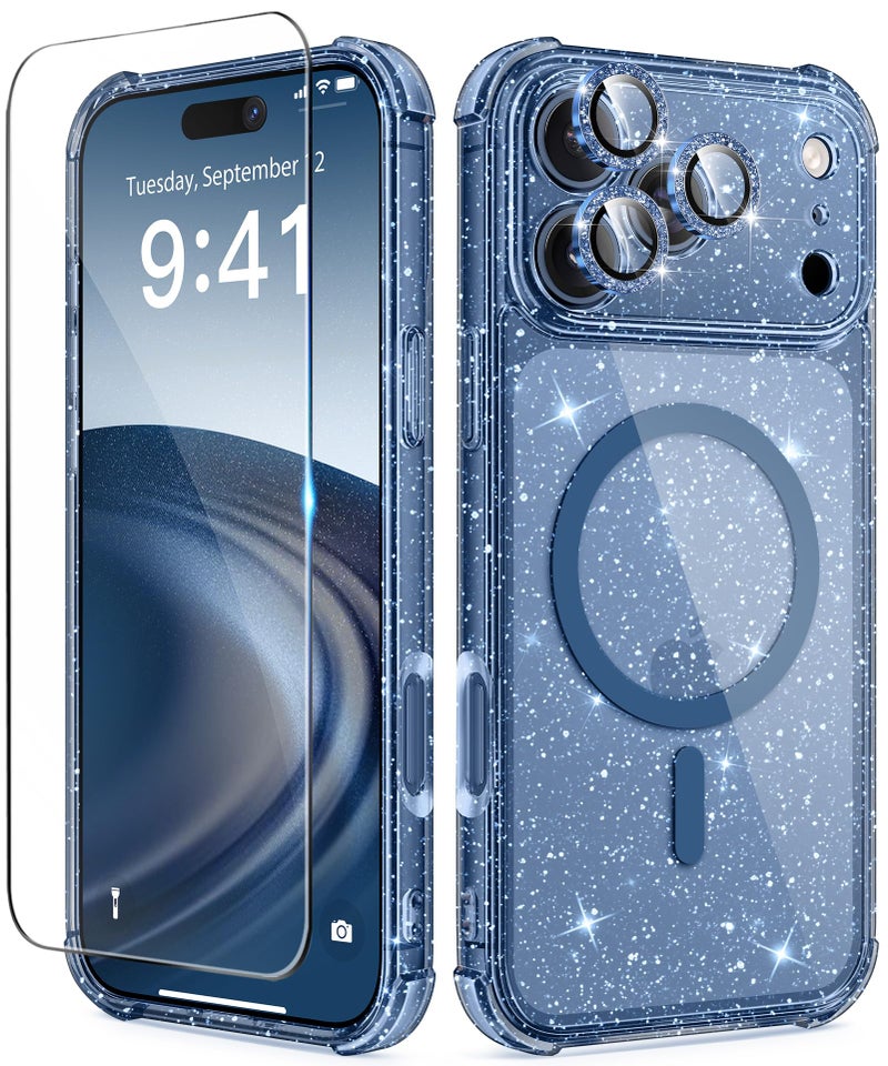 BERFY for iPhone 17 Pro Case for Women Compatible with MagSafe Clear Glitter Shockproof Protective Case AntiYellowing with Screen Protector 3 Diamond Camera Lens Covers 63 Sparkle Blue - Image 2