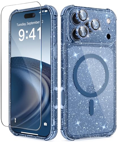 BERFY for iPhone 17 Pro Case for Women Compatible with MagSafe Clear Glitter Shockproof Protective Case AntiYellowing with Screen Protector 3 Diamond Camera Lens Covers 63 Sparkle Blue - Image 1
