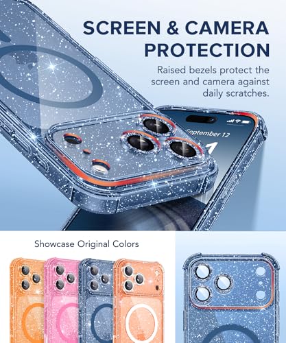 BERFY for iPhone 17 Pro Case for Women Compatible with MagSafe Clear Glitter Shockproof Protective Case AntiYellowing with Screen Protector 3 Diamond Camera Lens Covers 63 Sparkle Blue - Image 3