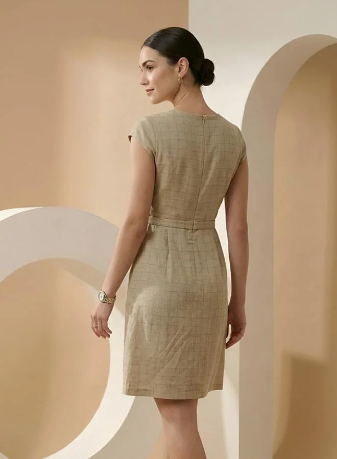 Mish  Beige Cap Sleeves Buckle Detail Midi Dress for Women | Best Price UAE