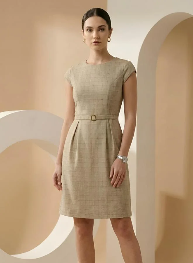 Mish Beige Cap Sleeves Buckle Detail Midi Dress