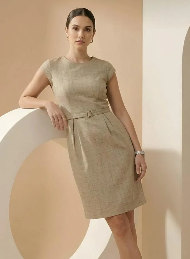Mish  Beige Cap Sleeves Buckle Detail Midi Dress for Women | Best Price UAE