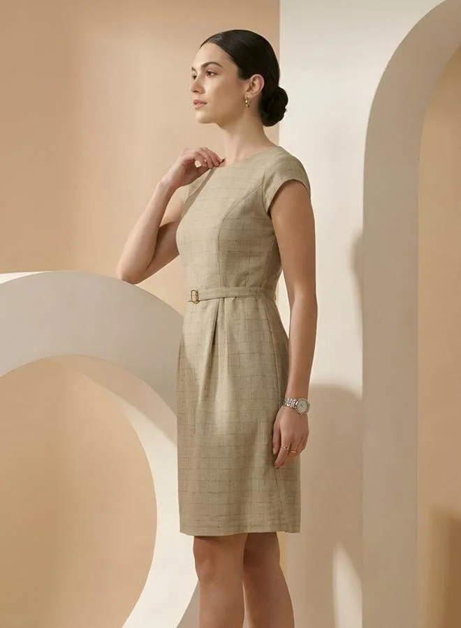 Mish Beige Cap Sleeves Buckle Detail Midi Dress
