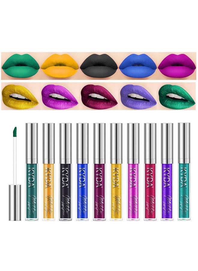 كيدا أحمر شفاه KYDA، 10 ألوان، مخملي مطفي ولامع، ألوان معدنية لامعة، لمعان شفاه لامع ومشرق وكامل، كوب غير لاصق، ملمع شفاه يدوم طويلاً، أحمر شفاه عالي الصبغة، مجموعة مستحضرات التجميل B - Image 1