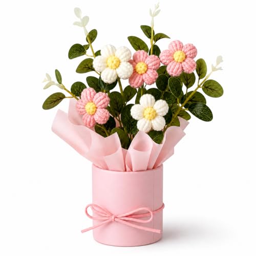 Magrido Handmade Mini Flower Bouquet Gift | Crochet Artificial Flowers with Pot | Cute Desk Decor, Birthday, Anniversary, Return Gift for Women & Girls | Lasting Floral Decoration (Pink Daisy Bouquet) - Image 1