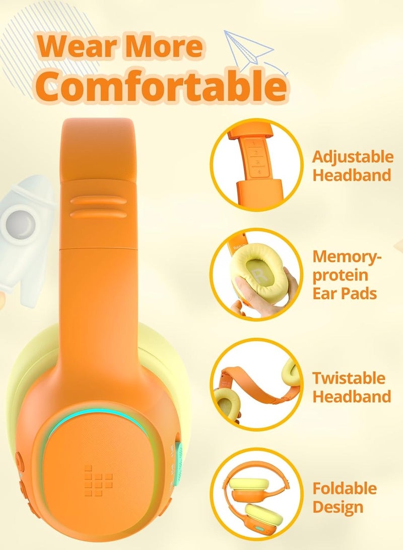 Tronsmart KH03 Kids Noise Cancelling Bluetooth Headphones, Safe Volume Control, Wireless Headphones with Light & Microphone, 70H Playtime, Built-in Audio Cable, for School/Travel/Airplane (Orange) - Image 3