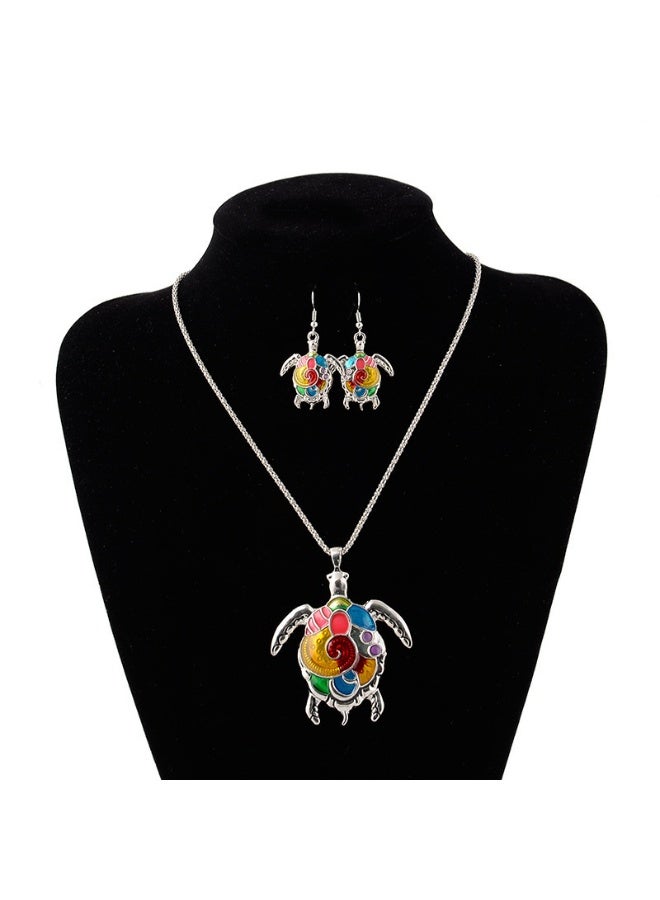 NIBEMINENT Exaggerated Fashion Punk Dripping Oil Rainbow Turtle Necklace and Earring Set 9308