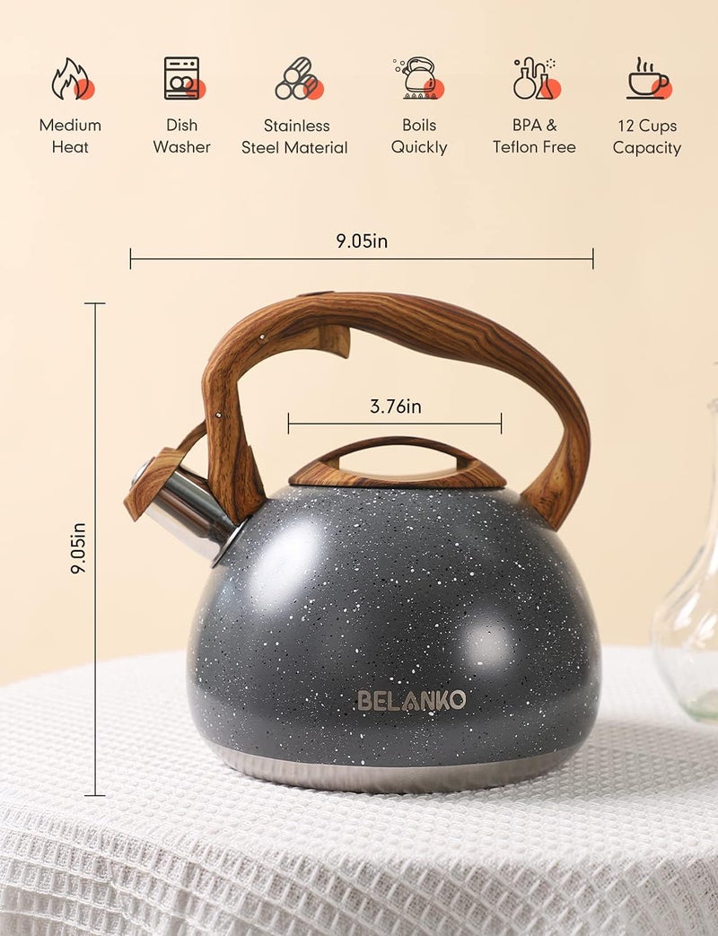 BELANKO 2.7 Quart Tea Kettle for Stovetops - Food Grade Stainless Steel Teapot with Loud Whistle, Cool-Touch Wood Pattern Handle, Rust-Resistant Whistling Kettle - Starry Gray - Image 5