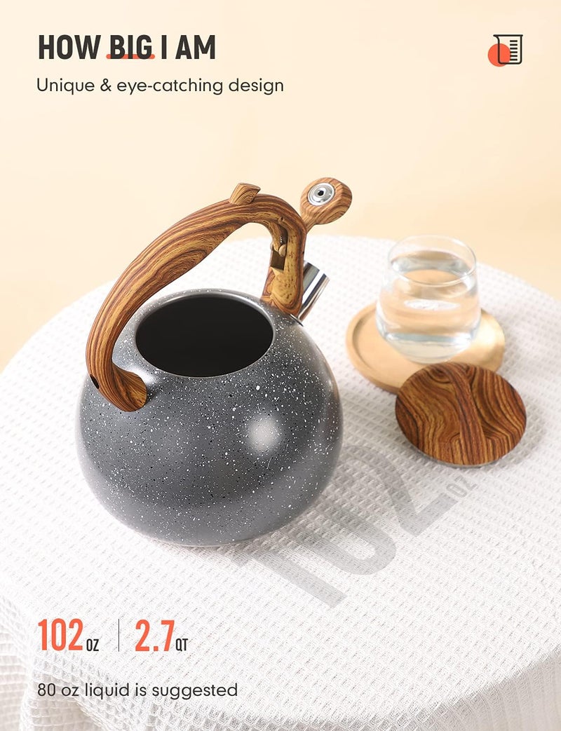 BELANKO 2.7 Quart Tea Kettle for Stovetops - Food Grade Stainless Steel Teapot with Loud Whistle, Cool-Touch Wood Pattern Handle, Rust-Resistant Whistling Kettle - Starry Gray - Image 3