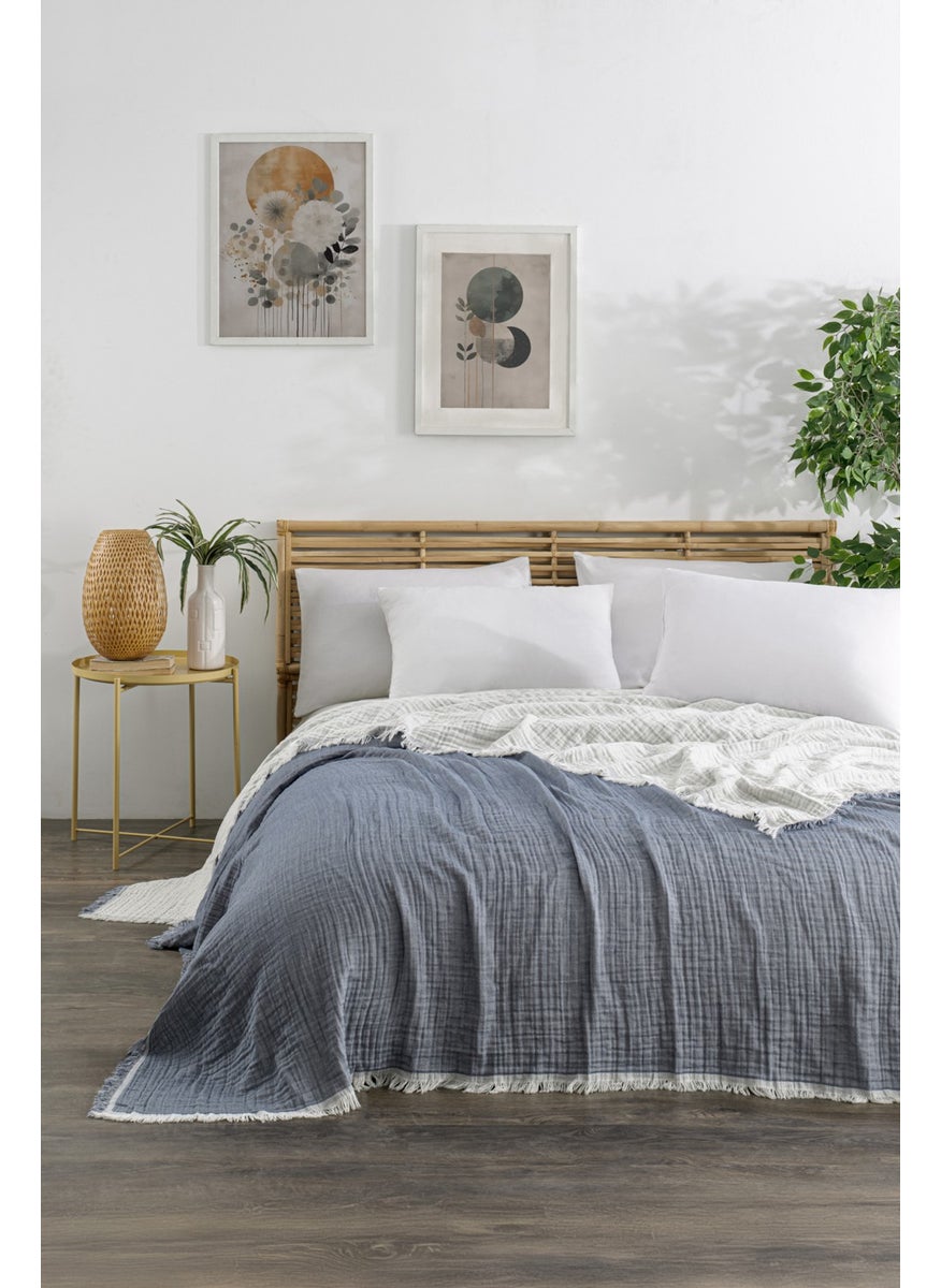 Zeypba 3 Layer Muslin Double Bedspread Double Sided Navy Blue-Ecru Tasseled Muslin  - Image 1