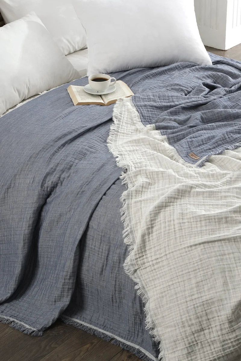 Zeypba 3 Layer Muslin Double Bedspread Double Sided Navy Blue-Ecru Tasseled Muslin